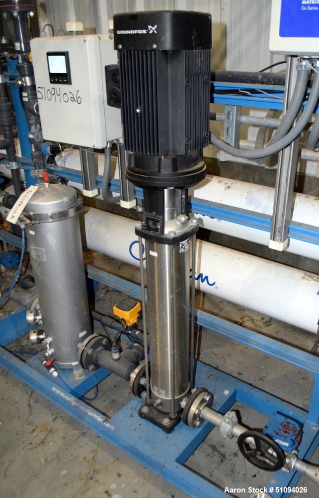 Used Culligan G Series Dual Membrane Reverse Osmosis System. Consisting of: (2) Culligan Model C-300P-8 membrane pressure vessels, (1) Grundfos vertical pump, (1) cartridge filter housing, (1) XP con...