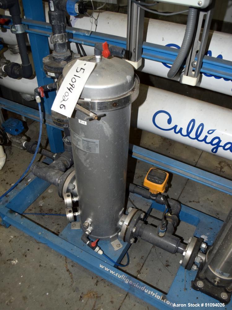 Used Culligan G Series Dual Membrane Reverse Osmosis System. Consisting of: (2) Culligan Model C-300P-8 membrane pressure vessels, (1) Grundfos vertical pump, (1) cartridge filter housing, (1) XP con...