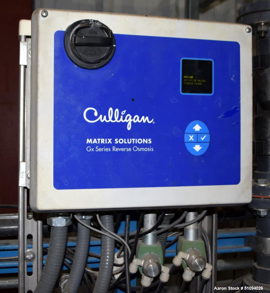 Used Culligan G Series Dual Membrane Reverse Osmosis System. Consisting of: (2) Culligan Model C-300P-8 membrane pressure vessels, (1) Grundfos vertical pump, (1) cartridge filter housing, (1) XP con...