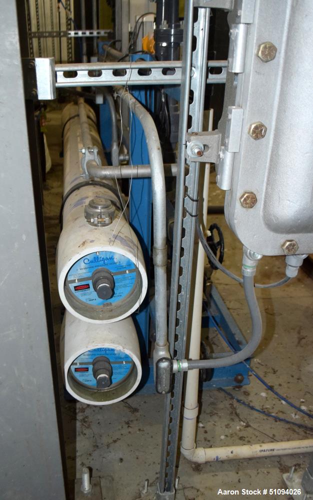 Used Culligan G Series Dual Membrane Reverse Osmosis System. Consisting of: (2) Culligan Model C-300P-8 membrane pressure vessels, (1) Grundfos vertical pump, (1) cartridge filter housing, (1) XP con...