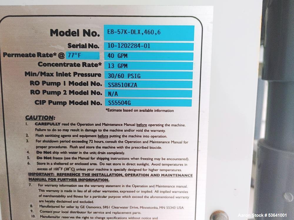 GE E8 Series 60 Hz Reverse Osmosis Machine, Model E8-67K-DLX