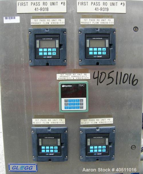 Used Glegg Water Conditioning Inc Reverse Osmosis Filter System. Product flow rate/bank 171 gpm (normal), 200 gpm (peak). Waste flow rate/bank 57 gpm (normal), 67 gpm (peak). Recovery rate 75%. Desig...