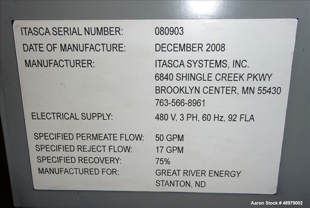 Used Itasca Systems, Inc 50 GPM Single Pass Reverse Osmosis