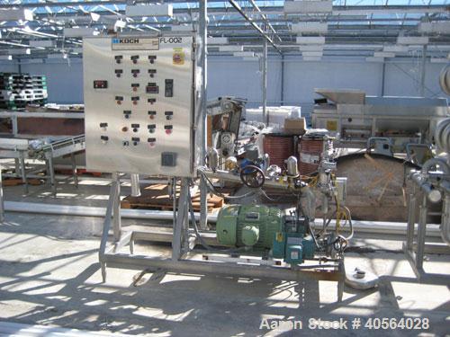 Used Koch Partially Skidded Ultrafiltration Unit, Model SC24. Rate 75 psi at 130 deg F. Includes dual 5 pass membrane filtration units, 25 hp, and a 2 hp centrifigal pump. The unit was solely used to...