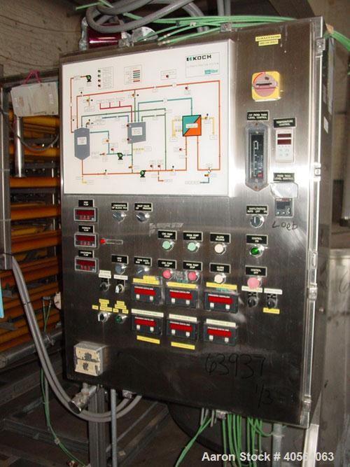 Used Koch Supercor Multi Pass UF Membrane Filter System consisting of: Membrane filter system, membrane filter, control panel, 300 gallon stainless steel sloped bottom permeate CIP tank, pump, typica...