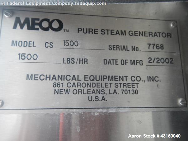 Used- MECO Pure Steam Generator, Model CS1500. Rated 1500#/hour steam capacity, single heat exchanger rated 125 psi at 350 f...