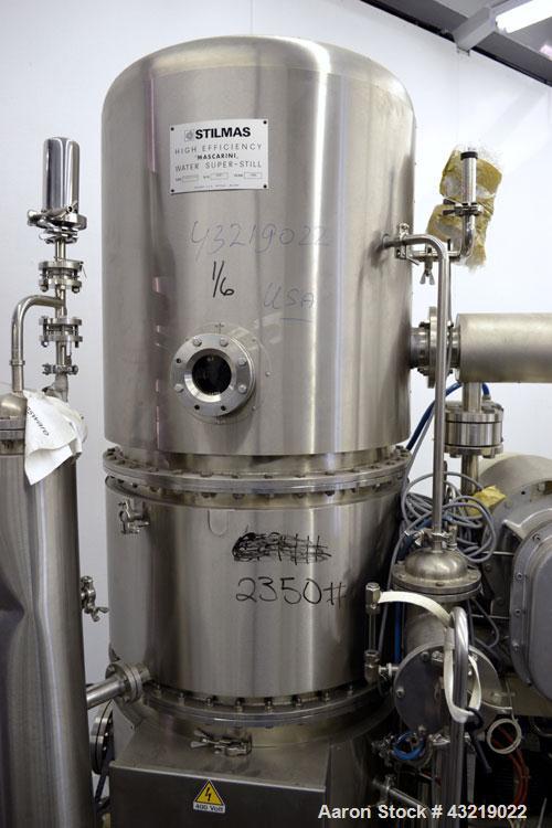 Used Stilmas High Efficiency "Mascarini" Water Super-Still, Type FA225HR/SA, 316 Stainless Steel. Approximate capacity 60 gallon (225 liter) per hour. System consists of (1) compressor, plate heat ex...