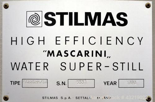 Used Stilmas High Efficiency "Mascarini" Water Super-Still, Type FA225HR/SA, 316 Stainless Steel. Approximate capacity 60 gallon (225 liter) per hour. System consists of (1) compressor, plate heat ex...