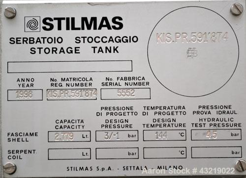 Used Stilmas High Efficiency "Mascarini" Water Super-Still, Type FA225HR/SA, 316 Stainless Steel. Approximate capacity 60 gallon (225 liter) per hour. System consists of (1) compressor, plate heat ex...