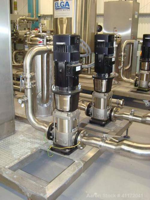Used Vivendi Purified Water Softener Skids consisting of: (1) Forbes approximately 10,000 litre HDPE tank, (2) Grunfoss type CRNE45-2, 45cumt/hr pumps, (1) Elga model 611530AA40C1EE filter, (1) Bibby...