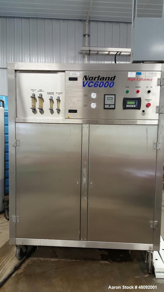 Used Norland Vapor Compression Commercial Distiller, Model s VC6000. 6,000 Gallons (22,800 L) distilled water per day. 1,000 Gallons (3,800 L) reject water per day. 0.085 Per gallon (0.022 L) Kw/H of...