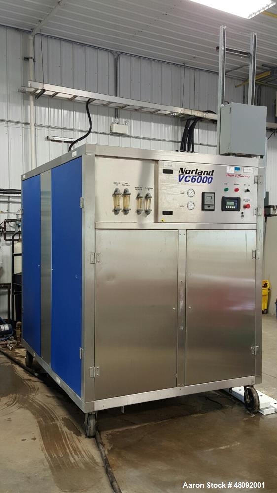 Used Norland Vapor Compression Commercial Distiller, Model s VC6000. 6,000 Gallons (22,800 L) distilled water per day. 1,000 Gallons (3,800 L) reject water per day. 0.085 Per gallon (0.022 L) Kw/H of...