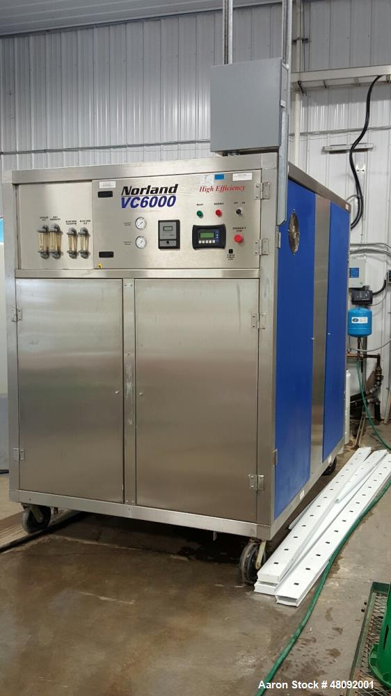 Used Norland Vapor Compression Commercial Distiller, Model s VC6000. 6,000 Gallons (22,800 L) distilled water per day. 1,000 Gallons (3,800 L) reject water per day. 0.085 Per gallon (0.022 L) Kw/H of...