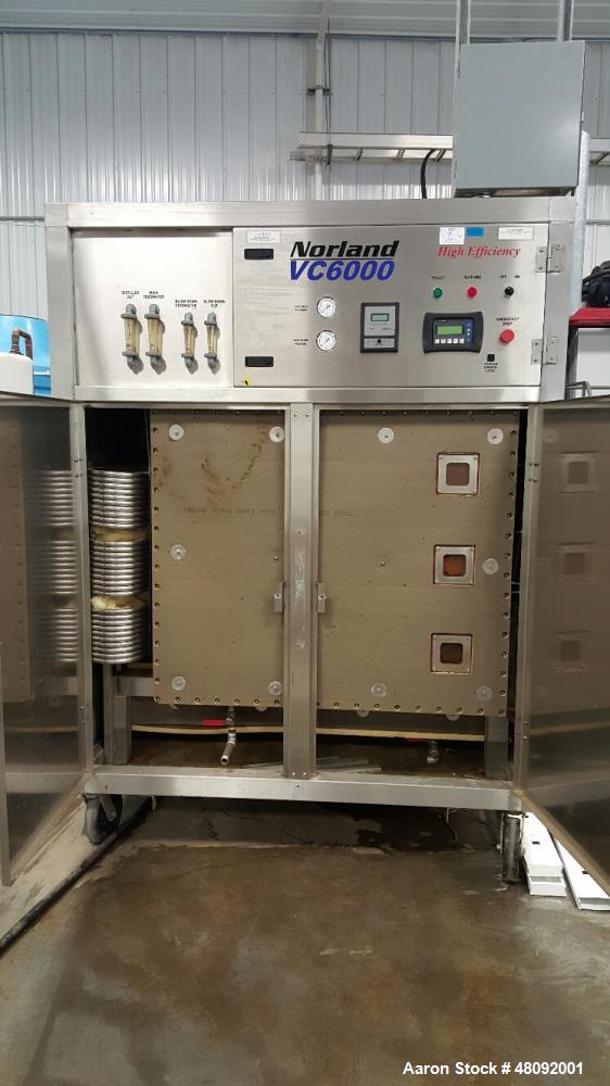 Used Norland Vapor Compression Commercial Distiller, Model s VC6000. 6,000 Gallons (22,800 L) distilled water per day. 1,000 Gallons (3,800 L) reject water per day. 0.085 Per gallon (0.022 L) Kw/H of...