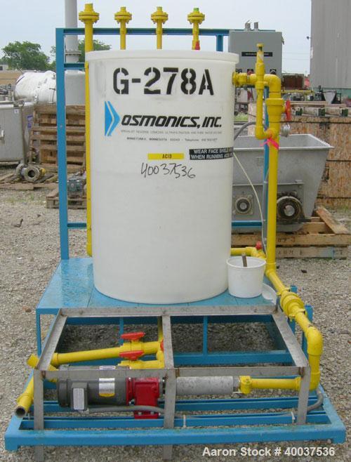 Used: Osmonic Inc reverse osmosis system consisting of: (1) Osmonics reverse osmosis 6 effect system, Model 43B-HR(PA)36KY/DLX. (6) 4" diameter x 126" long tubes. Permeate rate at 77 deg.f.. 13 gallo...