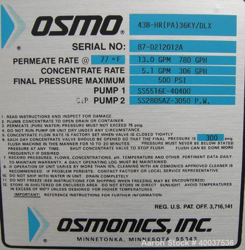 Used: Osmonic Inc reverse osmosis system consisting of: (1) Osmonics reverse osmosis 6 effect system, Model 43B-HR(PA)36KY/D...