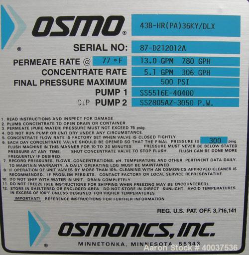 Used: Osmonic Inc reverse osmosis system consisting of: (1) Osmonics reverse osmosis 6 effect system, Model 43B-HR(PA)36KY/DLX. (6) 4" diameter x 126" long tubes. Permeate rate at 77 deg.f.. 13 gallo...