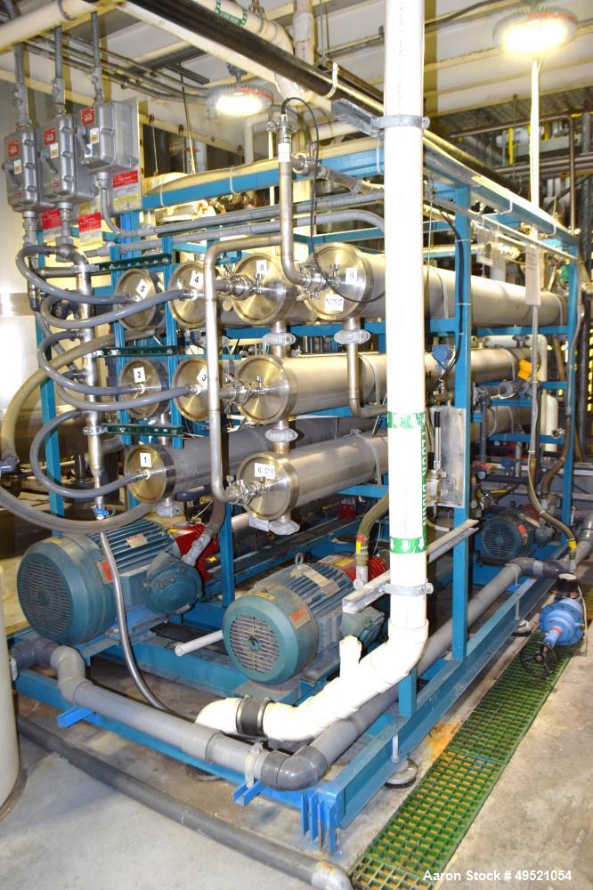 Used Osmonics Reverse Osmosis System, Model 74B-HR43KY/DLX-DP-SP, Serial# 94-K276227A. Inlet pressure before & after prefilter 60/80 psi/12/12 psi, flow (1) concentrate + permeate + recycle 45/30 gal...