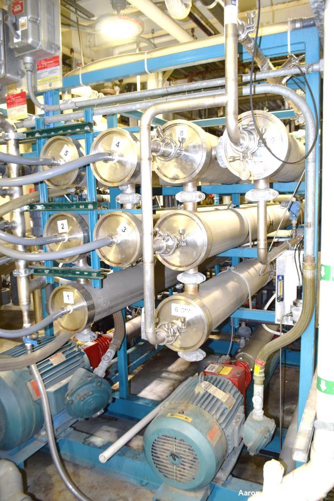 Used Osmonics Reverse Osmosis System, Model 74B-HR43KY/DLX-DP-SP, Serial# 94-K276227A. Inlet pressure before & after prefilter 60/80 psi/12/12 psi, flow (1) concentrate + permeate + recycle 45/30 gal...