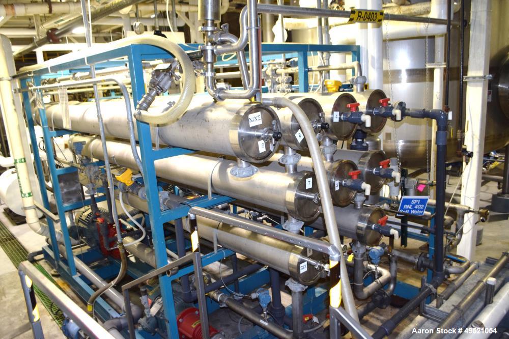 Used Osmonics Reverse Osmosis System, Model 74B-HR43KY/DLX-DP-SP, Serial# 94-K276227A. Inlet pressure before & after prefilter 60/80 psi/12/12 psi, flow (1) concentrate + permeate + recycle 45/30 gal...