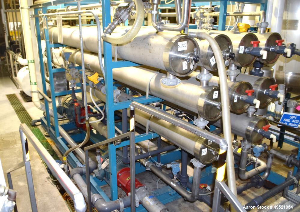 Used Osmonics Reverse Osmosis System, Model 74B-HR43KY/DLX-DP-SP, Serial# 94-K276227A. Inlet pressure before & after prefilter 60/80 psi/12/12 psi, flow (1) concentrate + permeate + recycle 45/30 gal...
