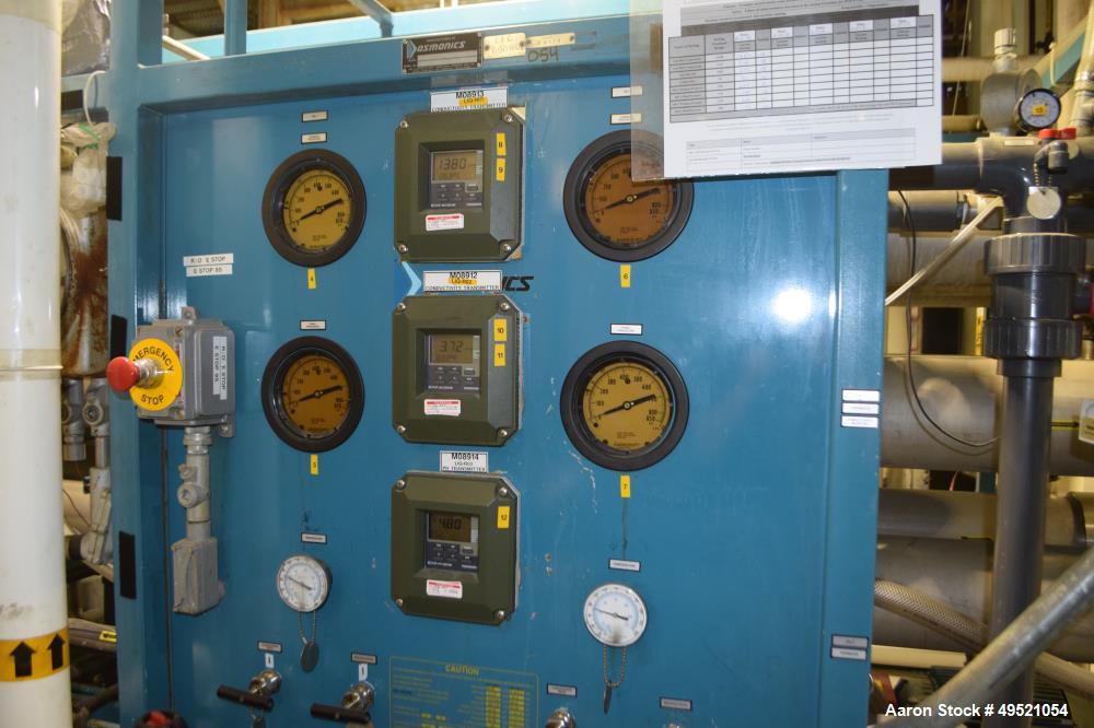 Used Osmonics Reverse Osmosis System, Model 74B-HR43KY/DLX-DP-SP, Serial# 94-K276227A. Inlet pressure before & after prefilter 60/80 psi/12/12 psi, flow (1) concentrate + permeate + recycle 45/30 gal...