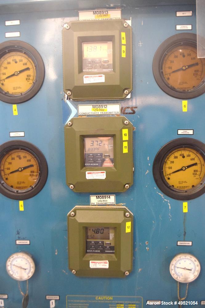 Used Osmonics Reverse Osmosis System, Model 74B-HR43KY/DLX-DP-SP, Serial# 94-K276227A. Inlet pressure before & after prefilter 60/80 psi/12/12 psi, flow (1) concentrate + permeate + recycle 45/30 gal...