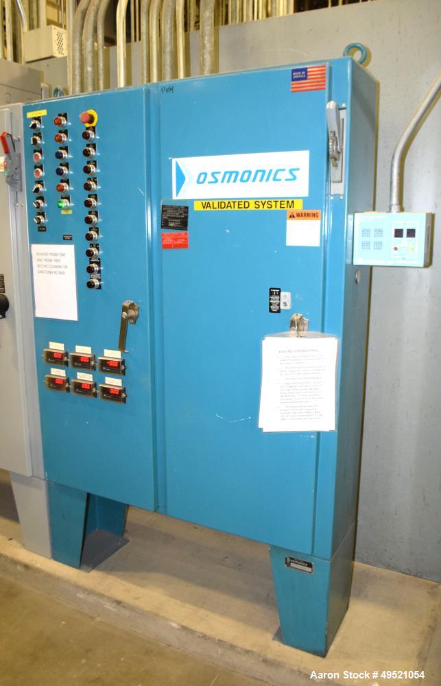 Used Osmonics Reverse Osmosis System, Model 74B-HR43KY/DLX-DP-SP, Serial# 94-K276227A. Inlet pressure before & after prefilter 60/80 psi/12/12 psi, flow (1) concentrate + permeate + recycle 45/30 gal...