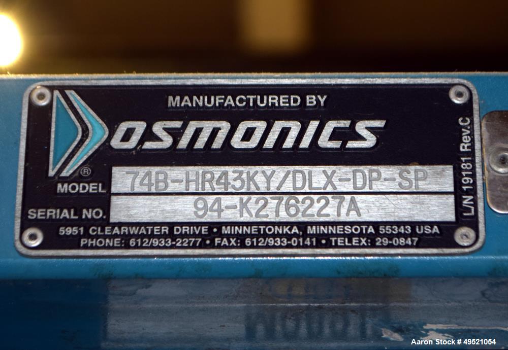 Used Osmonics Reverse Osmosis System, Model 74B-HR43KY/DLX-DP-SP, Serial# 94-K276227A. Inlet pressure before & after prefilter 60/80 psi/12/12 psi, flow (1) concentrate + permeate + recycle 45/30 gal...