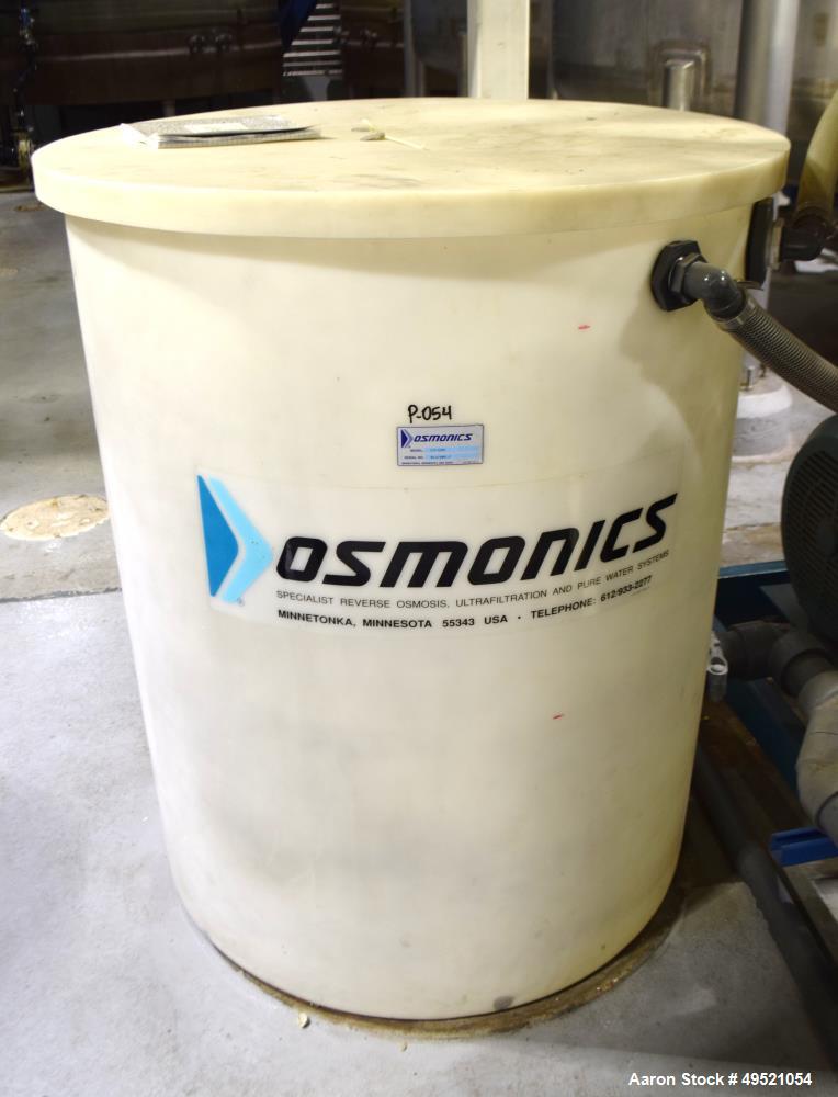 Used Osmonics Reverse Osmosis System, Model 74B-HR43KY/DLX-DP-SP, Serial# 94-K276227A. Inlet pressure before & after prefilter 60/80 psi/12/12 psi, flow (1) concentrate + permeate + recycle 45/30 gal...
