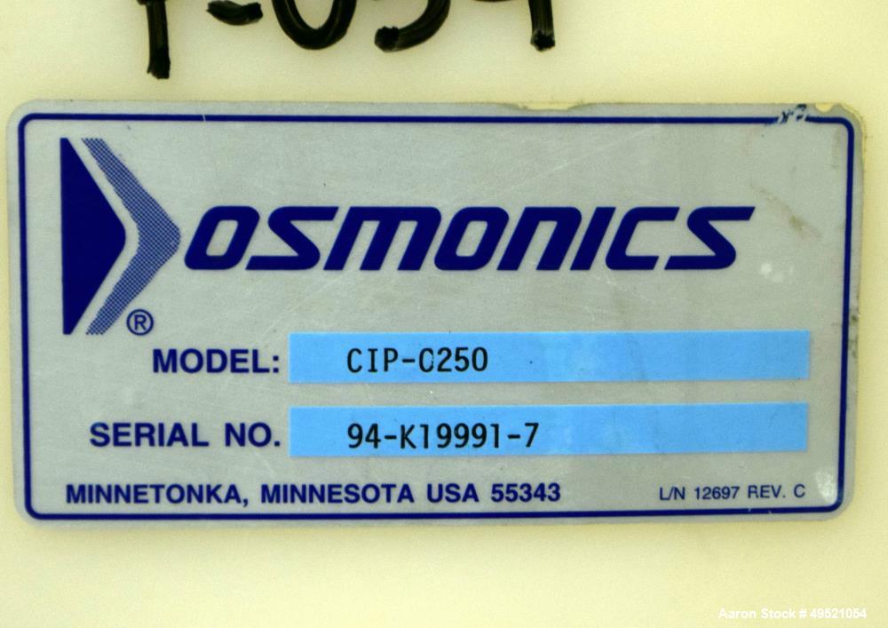 Used Osmonics Reverse Osmosis System, Model 74B-HR43KY/DLX-DP-SP, Serial# 94-K276227A. Inlet pressure before & after prefilter 60/80 psi/12/12 psi, flow (1) concentrate + permeate + recycle 45/30 gal...