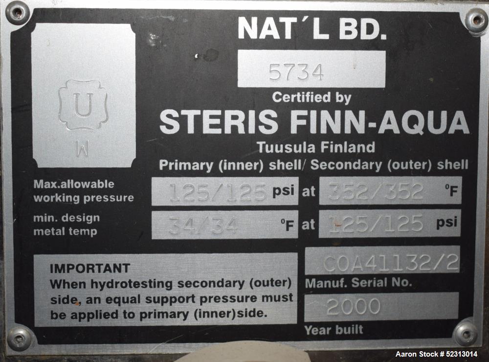 Used Steris Finn-Aqua Multiple-Effect Water Still, Model 500-S-4, Serial# COA41132, Built 2000. Designed steam heated model for deionized & reverse osmosis feedwater. Approximate capacity at 116 psi ...