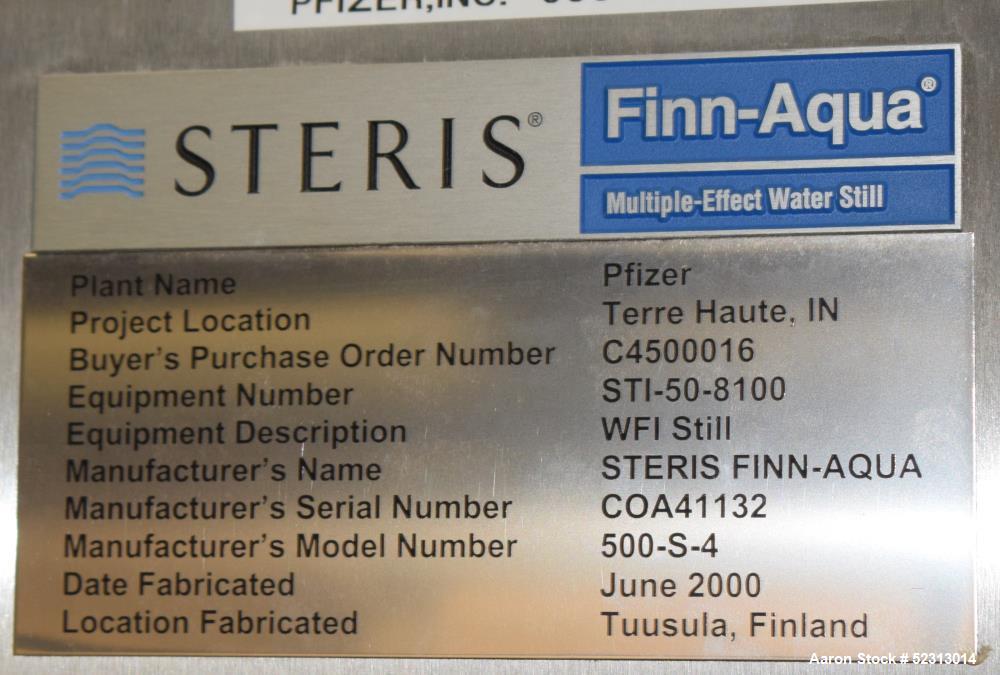 Used Steris Finn-Aqua Multiple-Effect Water Still, Model 500-S-4, Serial# COA41132, Built 2000. Designed steam heated model for deionized & reverse osmosis feedwater. Approximate capacity at 116 psi ...