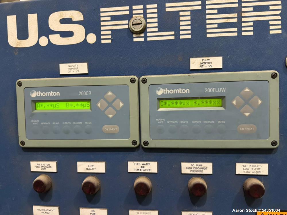 Used U.S. Filter Reverse Osmosis Open Skid Unit, Model 67/FM3-18,  75 GPM capacity.   Includes T&T Pump Co Pump Model 612, Driven by a 30hp 3/60/230/460v 3560rpm motor. Mounted control panel with (2)...