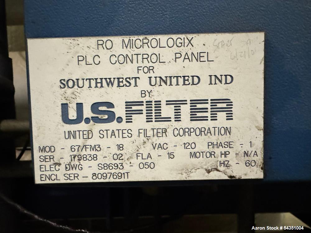 Used U.S. Filter Reverse Osmosis Open Skid Unit, Model 67/FM3-18,  75 GPM capacity.   Includes T&T Pump Co Pump Model 612, Driven by a 30hp 3/60/230/460v 3560rpm motor. Mounted control panel with (2)...