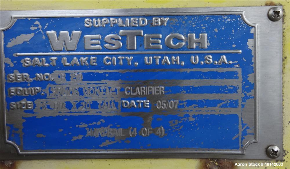 Used Westech Solids Contact Clarifier, Size 8' x 20', Stainless Steel.