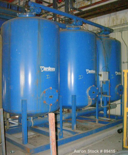 Used Yardney Granular Activated Carbon Filter System, model GAC5472-3A, carbon steel. (3) 54" diameter x 72" tall epoxy coated carbon steel tanks, rated 80 psi. Approximate 47.73 square foot filter a...